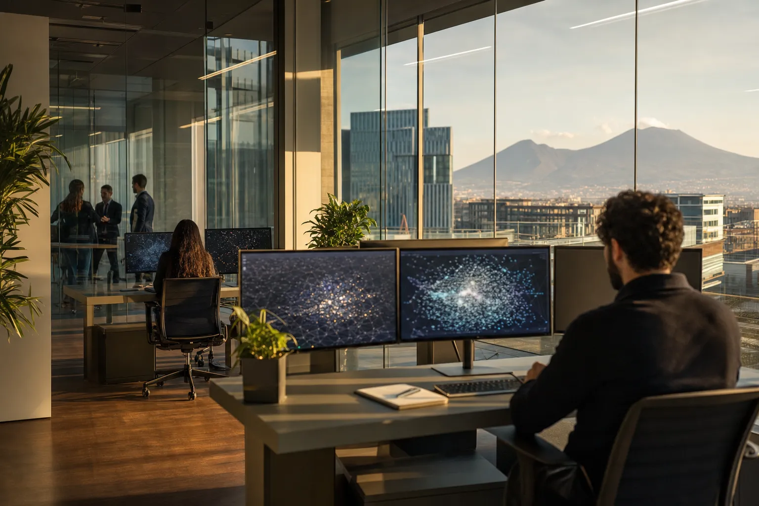 Ufficio tecnologico moderno a Napoli con monitor che mostrano visualizzazioni di dati