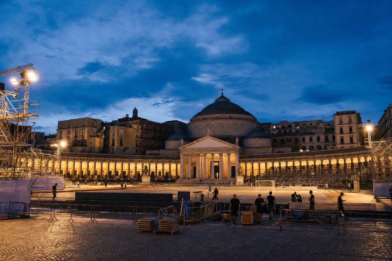 Piazza del Plebiscito di sera con impianti e tribune in allestimento