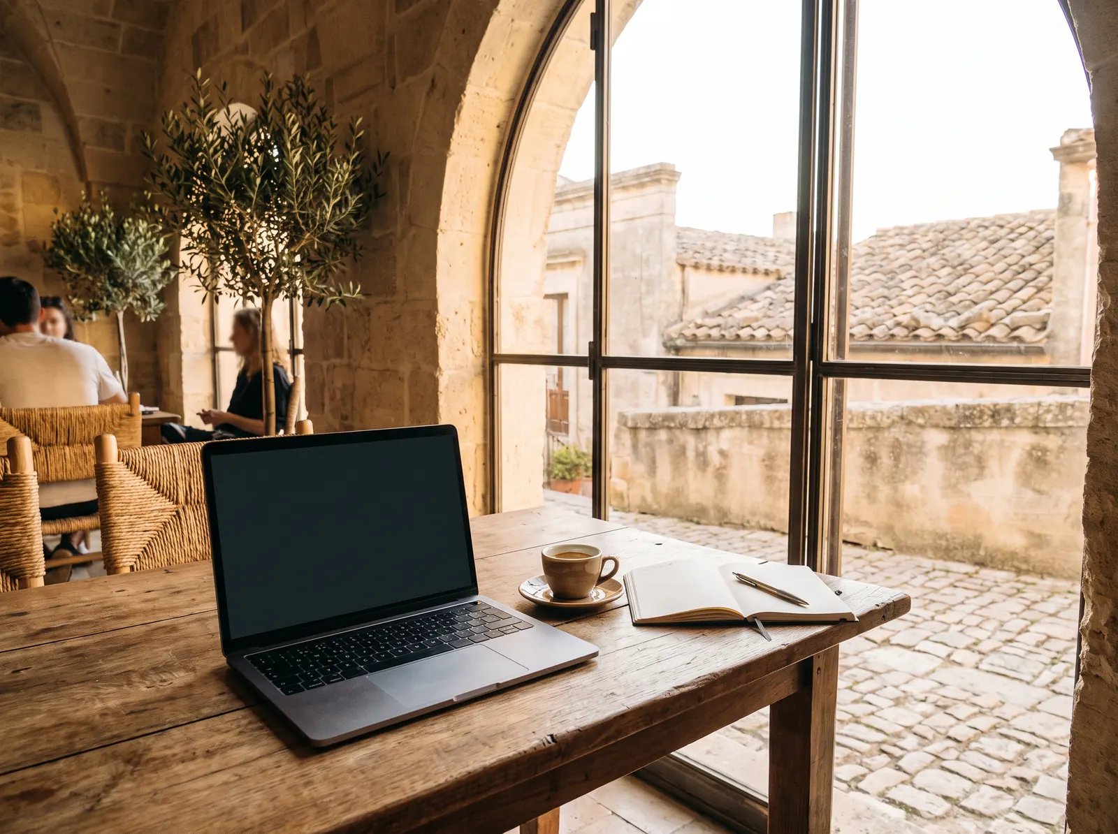 Postazione di lavoro con laptop in un coworking