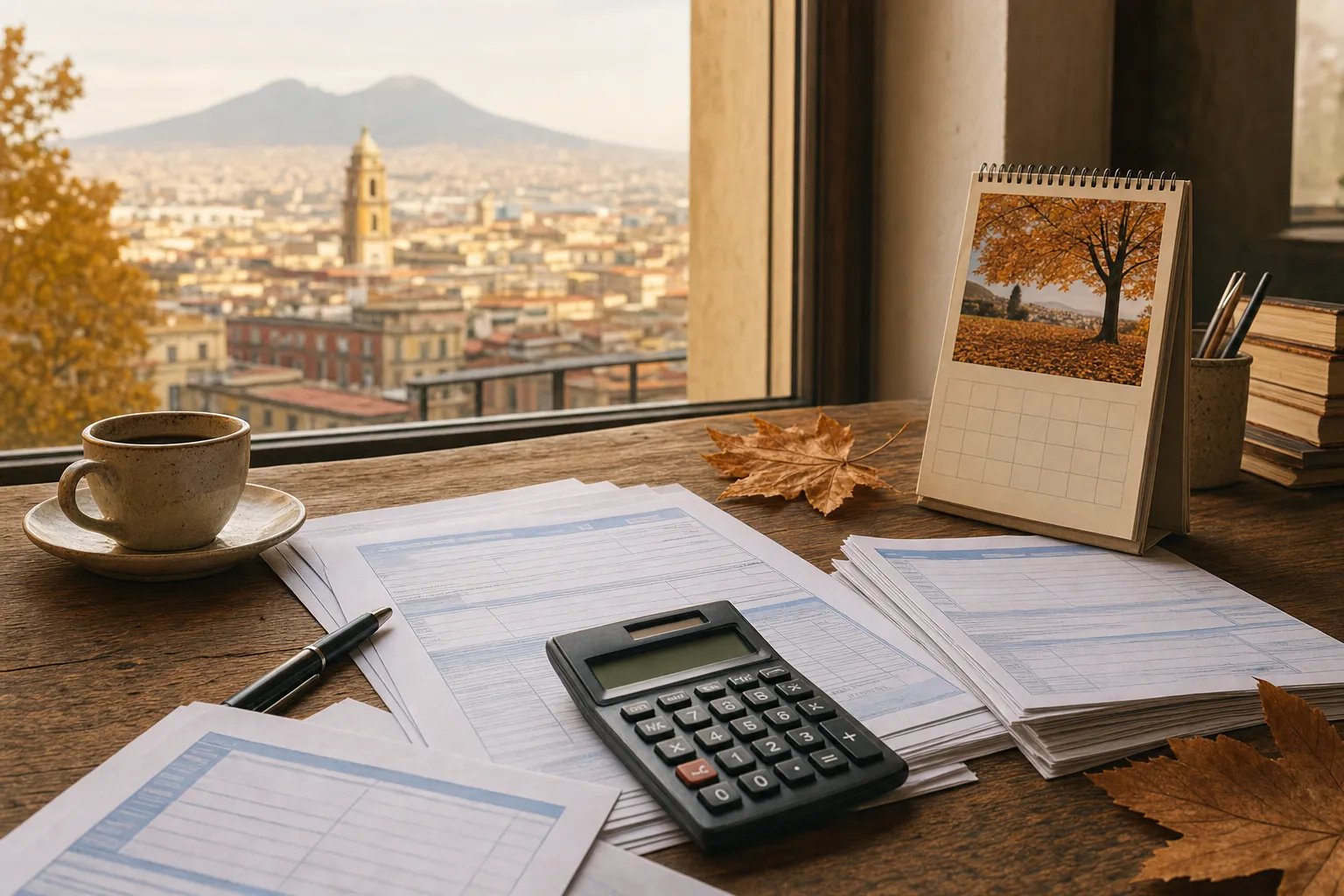 Scrivania con documenti fiscali, calcolatrice e calendario autunnale, vista sul panorama di Napoli